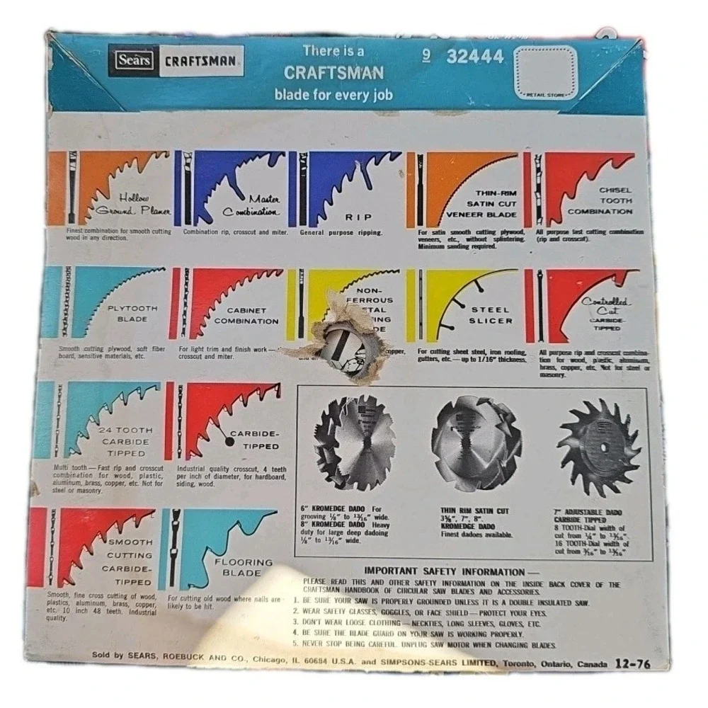 Vintage‎ Craftsman 9-32444 Kromedge Ply-Tooth Radial Arm  Saw Blade 7.25